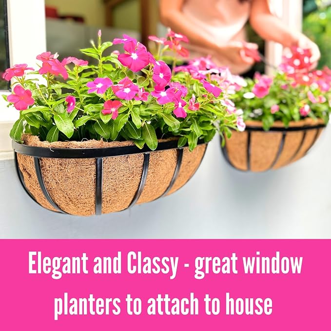 LaLaGreen Wall Planters - 16 Inch, 2 Pack Deck Railing Planter Boxes for Outdoor Plants, Window Flower Box with Coco Liners Metal Horse Troughs Fence Balcony Garden Herb Pot Patio Porch Over Rail