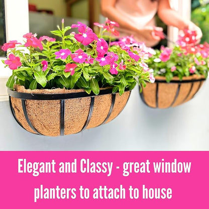 LaLaGreen Wall Planters for Outdoor Plant (16 Inch, 4 Pack) Deck Railing Planter Boxes for Outside Plants Window Flower Box with Coco Liners Metal Horse Troughs Fence Garden Herb Patio Porch over Rail