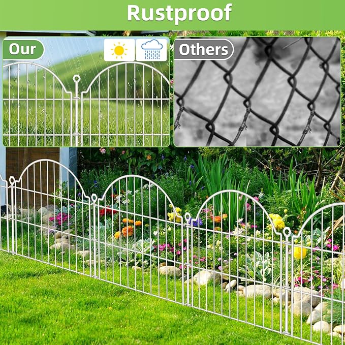 10 Panels No Dig Decorative Garden Fence for Yard, 24in (H) x 20ft (L) Rustproof Metal Wire Panel Border Animal Barrier Fencing for Dog, Rabbits, Flower Bed Edging Ornamental with Ground Stake, White