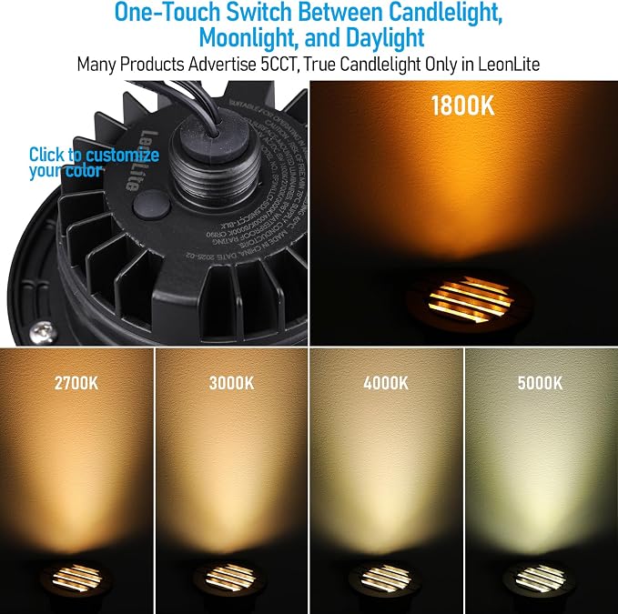 LEONLITE 6-Pack Dia. 4 Inch 5CCT Well Light Grated Top Black | 1800K/2700K/3500K/4000K/5000K, 12-24V AC/DC, CRI90, Landscape LED In Ground Outdoor, Low Voltage Garden Landscaping, Aluminum