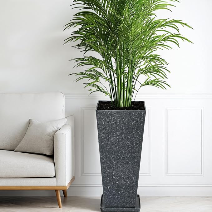 Autodaya 28" Tall Planters Set of 2 Black Terrazzo Plastic Flower Pots | Large Weather-Resistant Planters for Patio, Porch, Garden, Front Door, Indoor Spaces, and Christmas Decor