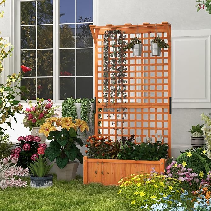 Giantex Raised Garden Bed with Trellis & Roof, 72.5" Wooden Garden Bed, High Trellis for Plant Flower Climbing Pot Hanging, Indoor & Outdoor Planter Box for Yard, Garden, Balcony