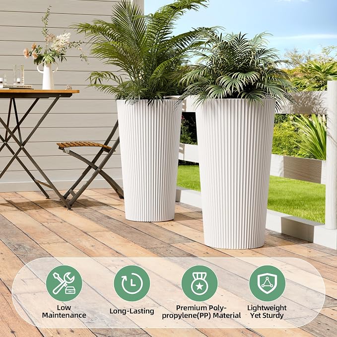 24" H Tall Planters for Outdoor Plants, 2 Pack Large Outdoor Planters for Front Porch Decor with Drainage Hole, Plastic Striped Flower Pots Fits Indoor Plants Patio Garden, Black
