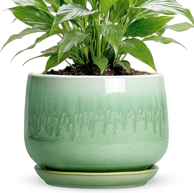 Ceramic Pots for Plants - 7 Inch Planters for Indoor Plants, Round Ceramic Plant Pot with Drainage Hole and Saucer, Decorative Planters, Rustic Home Decor, Plant Gifts for Women, Green