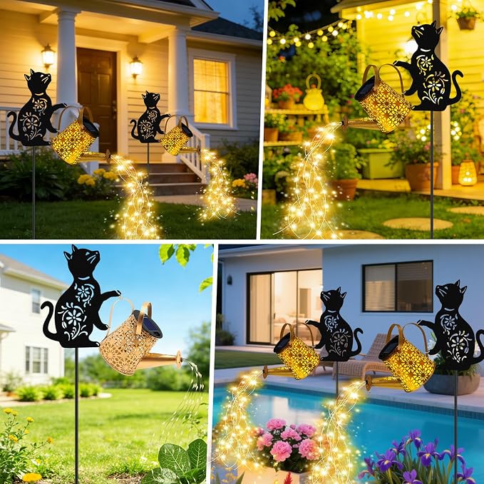 VOOKRY Solar Lights Outdoor,Watering Can with Cat Silhouette Stake | Garden Gifts for Mom,Women&Garden Lovers Waterproof Metal Garden Water kettle,Decorative Yard Patio Lawn Pathway Decor(1Pack)