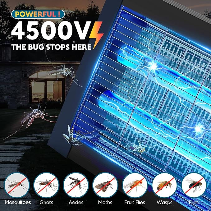 Solar Bug Zapper Outdoor, Waterproof Mosquito Zapper Outdoor Solar Powered, 4500V Electric Bug Zapper Indoor w/Smart Light Sensor, Mosquito Trap Fly Zapper for Patio Kitchen Garage Yard Camping