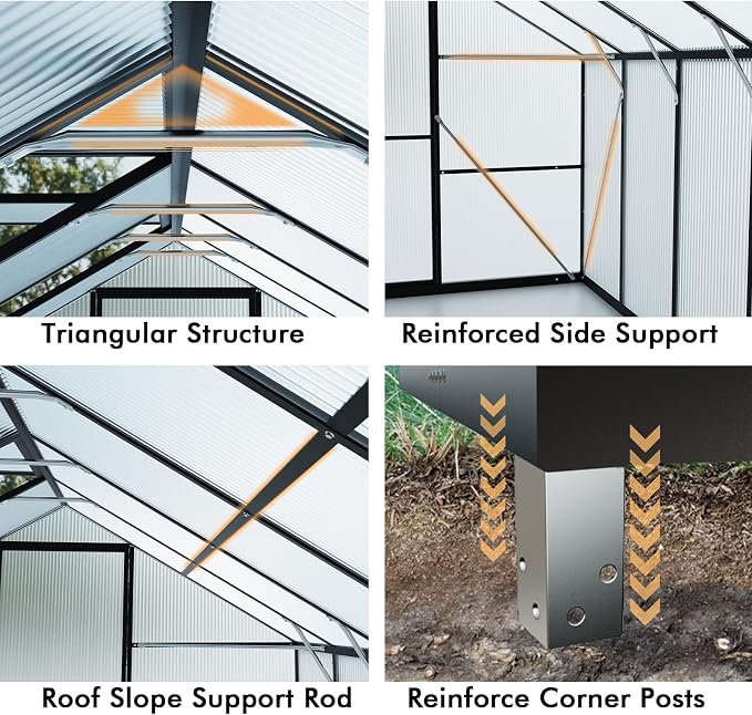 10X12FT Enhanced Aluminum Large Greenhouse for Outdoors with Thermometers | Easy Assembly, UV-Resistant Panel, Rain Gutter, Lockable Sliding Door, Built-in Reinforcement, For Vegetable, Flower and Herb