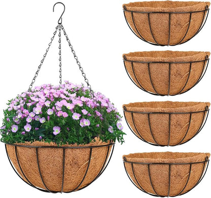 HKZ Hanging Basket Planter Plants Outdoor - 4 Pack 12 Inch Metal Hanging Planter with Coco Liners, Chain Hook Hanging Flower Pots for Indoor Outdoor Garden Porch Decoration