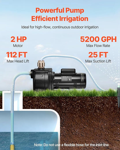 VEVOR 2 HP Shallow Well Jet Pump, 230 Volt, 5200 GPH Cast Iron Well Jet Pump, with 112 ft Max Head Lift, Check Valve, Thermal Protection, Automatic On/Off, for Garden Irrigation Lawn Sprinkler System