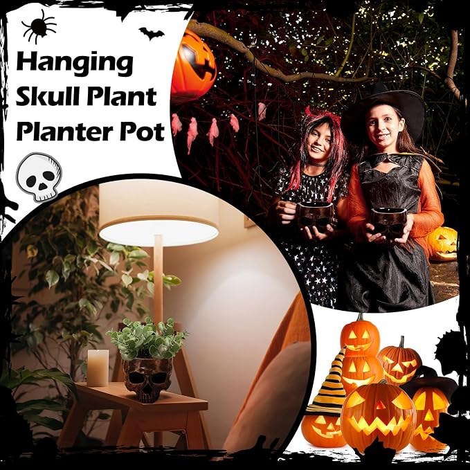 2 Pack Hanging Skull Planter Pot with Ropes Gothic Skeleton Plant Pot Skull Candy Bowl for Succulent Plants Flowers Horror Head Wall Decoration (Bronze)