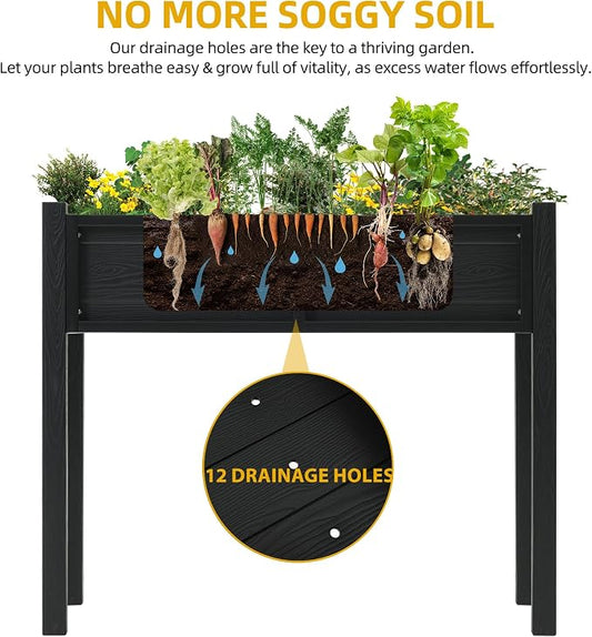 DWVO Raised Planter Box with Legs Raised Garden Bed HDPE Poly-Wood All-Weather Elevated Garden Bed with Drainage System Planter Boxes Outdoor for Herbs Vegetables Flowers, Black