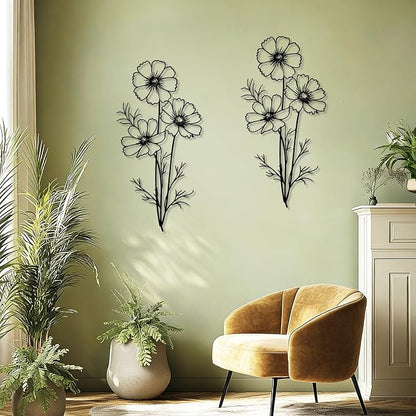 DETENE 2-Pack Black Silhouette Flower Metal Wall Art – Simple Minimalist Modern Decorative Metal Flower Wall Decor for Living Room, Bedroom, Office
