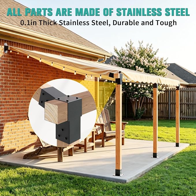 2 Pack Stainless Steel 15° Slanted roof pergola Bracket, firewood Sheds roof kit (3-Way End Corner), black