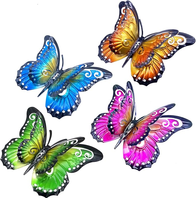 Metal Butterfly Wall Art Decor - 6.5" Outdoor Fence Decoration, Hanging for Garden Yard Living Room Bedroom Patio Balcony(4 Pack)
