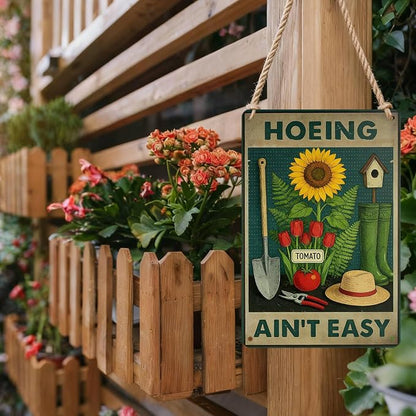 PEACHGARDEN Hoeing Ain't Easy Sign Funny Garden Metal Sign Yard Art Garden Wall Decor Patio Decor for Outdoor Porch Greenhouse Backyard Cabin 12x16 inch