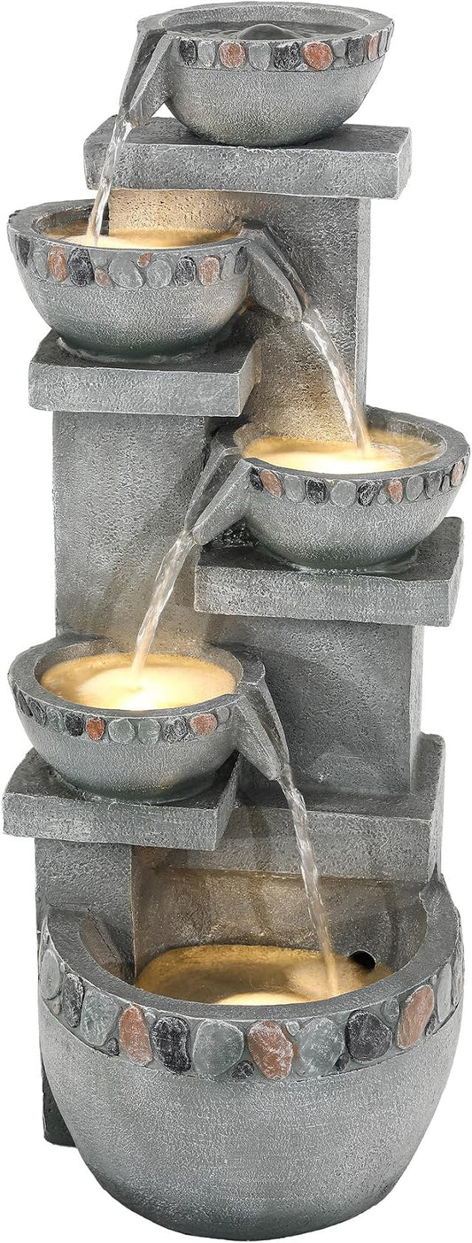 33" H 4-Tier Pebble Textured Fountain Outdoor with Warm LED Lights | Modern Water Feature Outdoor with Soothing Cascading Waterfall for Patio, Backyard, Garden or Porch
