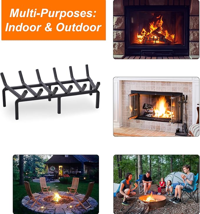20 Inch Fireplace Grate Heavy Duty Solid Steel Fire Grate for Fire Pit Wood Log Rack Stove Firewood Holder for Indoor Hearth Outdoor Fire Pit Chimney Hearth Kindling Tool