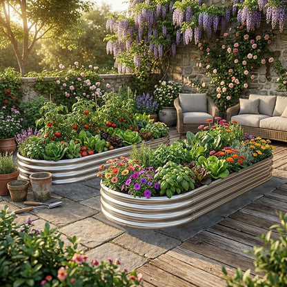 AHEONLAR 2pack 8×4×1ft Raised Garden Bed，Outdoor Galvanized Planter Boxes, Oval Large Metal Raised Garden Beds for Vegetables