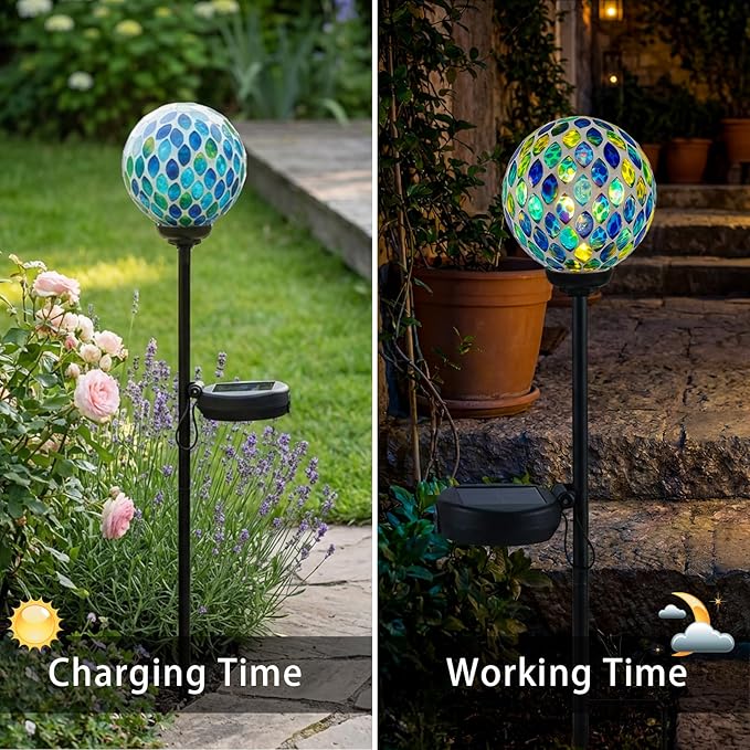 VCUTEKA Solar Lights Outdoor Decorative - Waterproof Mosaic Solar Garden Light, LED Pathway Stake for Landscape Lawn Patio Yard, Solar Globe Lights Outdoor, 1 Pack Green Yellow