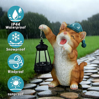 Solar Dragon Garden Statue with Lantern and Birds – Resin Dinosaur Figurine with LED Light for Yard, Outdoor Decor, Gifts for Mom, Women (Cat)