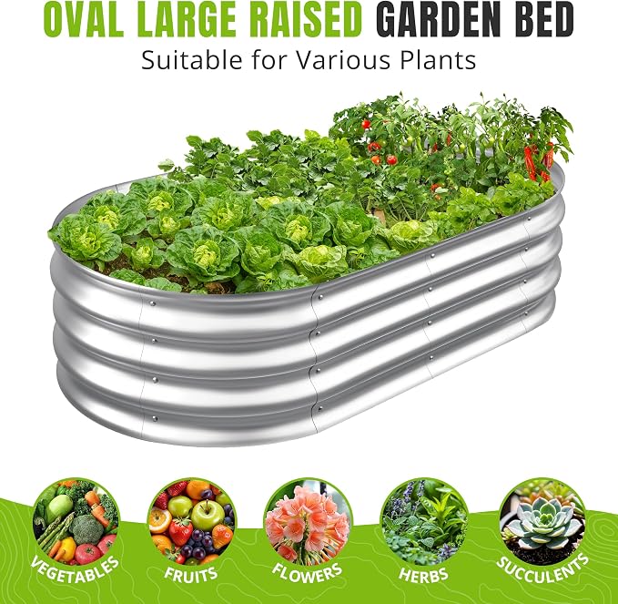 Sponvatt Raised Garden Bed - Outdoor Galvanized Raised Garden Bed Planter Boxes, Large Oval Metal for Gardening Planter Box Kit,Suitable for Vegetables,Herbs, and Flowers Silver (4x2x1Ft)
