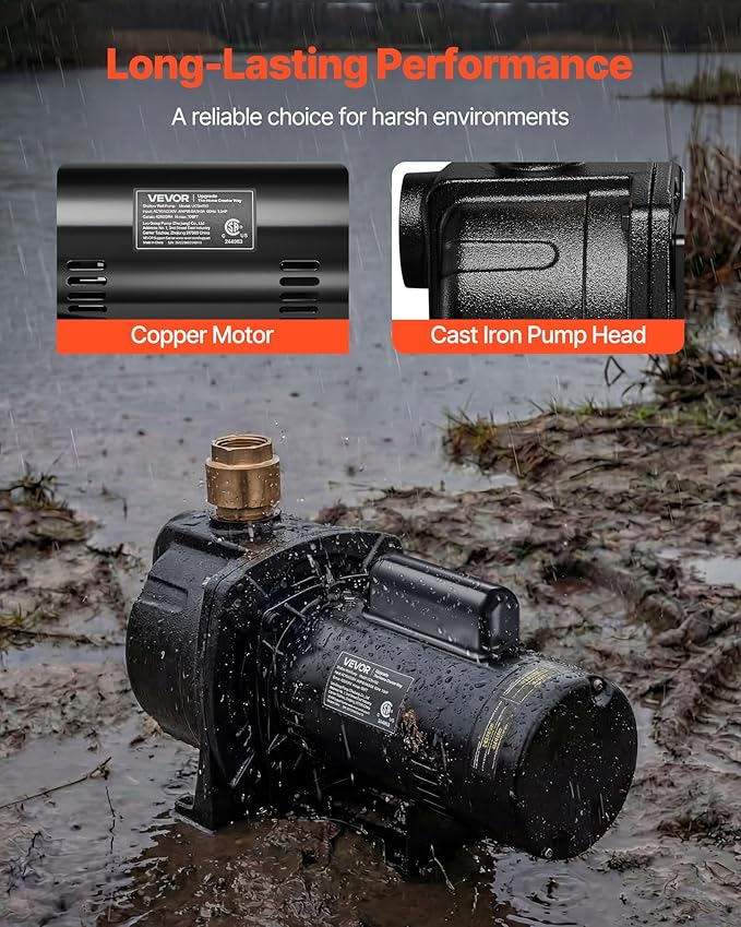 VEVOR 2 HP Shallow Well Jet Pump, 230 Volt, 5200 GPH Cast Iron Well Jet Pump, with 112 ft Max Head Lift, Check Valve, Thermal Protection, Automatic On/Off, for Garden Irrigation Lawn Sprinkler System