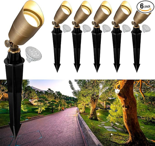 GKOLED 6 Pack Solid Brass Low Voltage Compact Spotlight, 12V AC/DC Waterproof Outdoor Landscape Spot Lights, Up Light with 5W 2700K MR16 Bulb for House Trees Garden Yard Lawn, Stake Included
