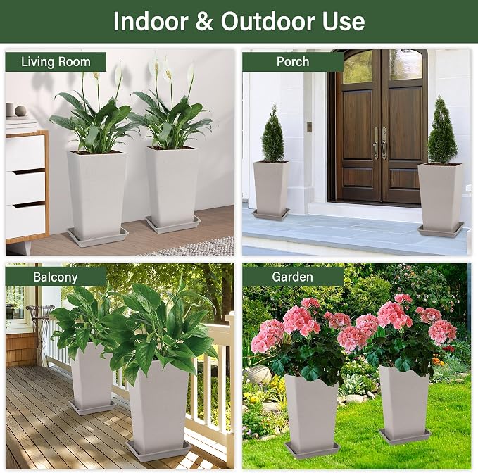 Neoaider Set of 2 Tall Planter, 21 inch Large Plastic Planter, Light Gray | Ceramic-Look, Lightweight, Built-in Drain Hole, Saucers, Tall Outdoor Planter for Porch, Garden, Patio, Balcony