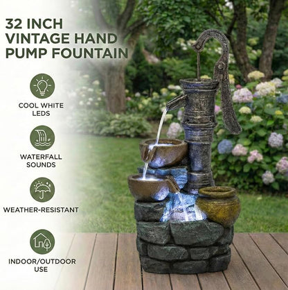32 Inch Large Outdoor Fountain with Vintage Pump Design, Freestanding Resin Waterfall Feature, Weather Resistant Construction for Patio Yard Garden Backyard Entryway Decor