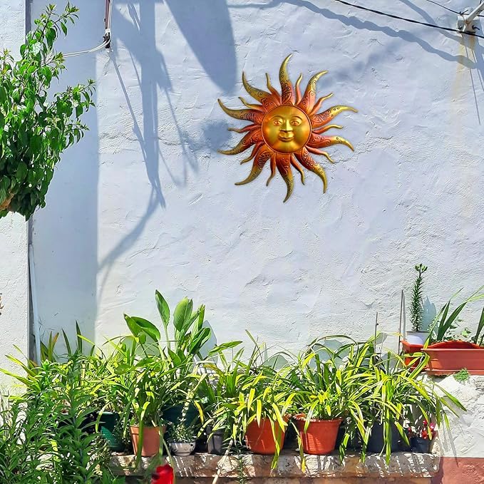 Metal Sun Wall Art Decor-17.3 inches Rustic Retro Metal Sun Ornaments, Hanging Decoration for Garden Patio Yard Fence Living Room(Gold)