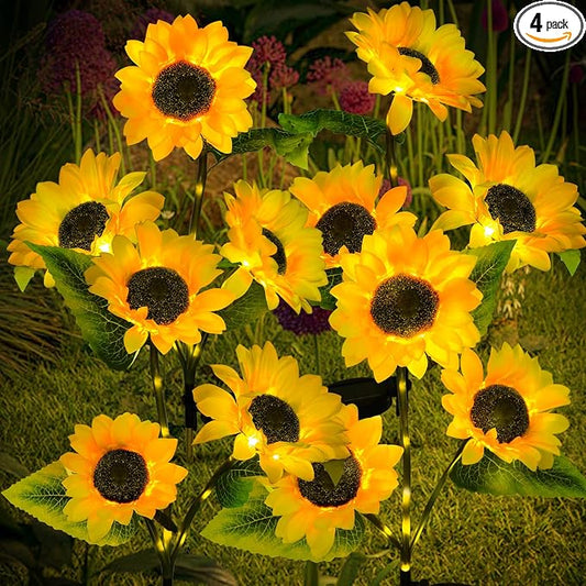 4-Pack Solar Sunflower Garden Decor, 12 LED Flower Stake Lights - Waterproof Long-Lasting Outdoor Solar Patio Decor for Lawn, Yard & Pathway