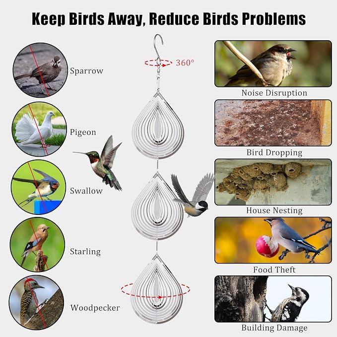 Droplet Bird Scare Discs Set, Metal Bird Reflectors Shiny Wind Spinners for Outdoor Garden Decor, Reflective Bird Devices Deterrents to Keep Scare Birds Away from Outside Patio Porch Yard Fruit Trees