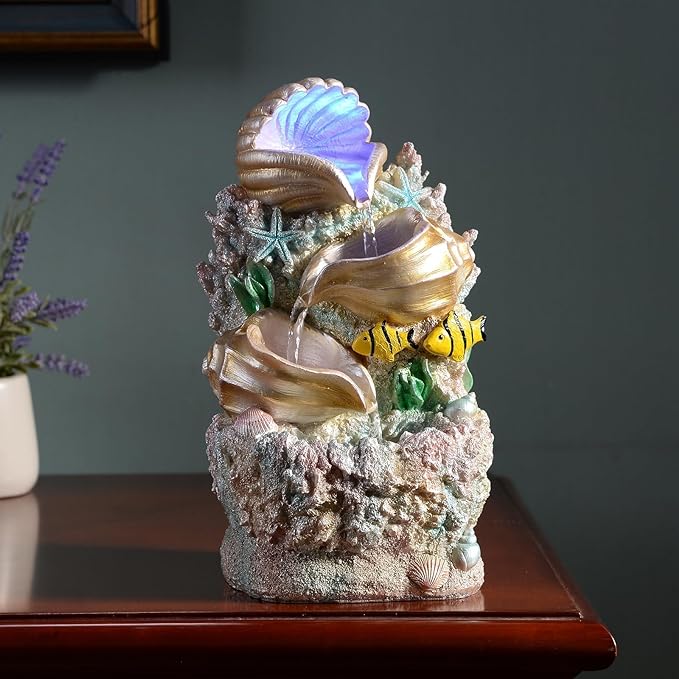 GOSSI Coral Shell Water Fountain - Tabletop Waterfall Fountain Indoor Desktop Decor with LED Lights, Zen Meditation Relaxation, Home Office Decoration (23037)