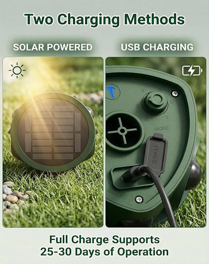 360° Solar Deer Repellent Devices, Motion Activated Ultrasonic Animal Repeller with Flashing Lights, Waterproof Cat Repellent Outdoor, Repel Dog, Raccoon & Coyote Out of Garden - USB Rechargeable