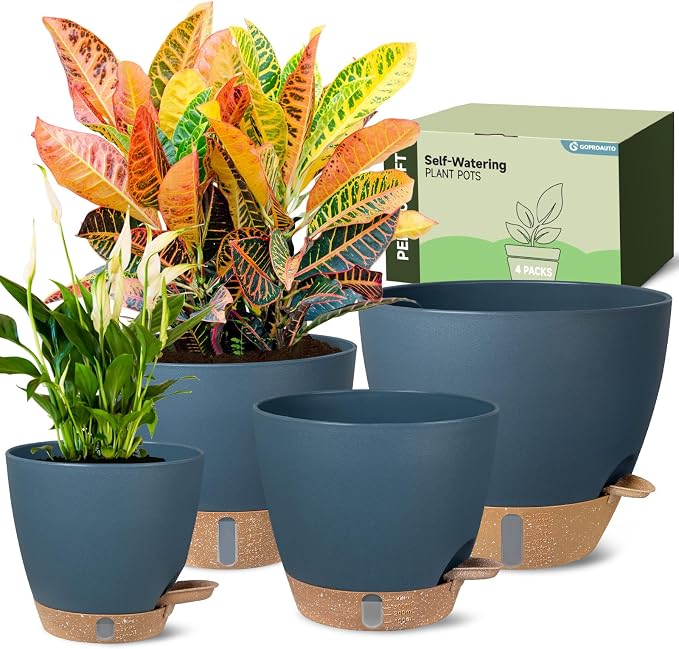 Self-Watering Pots for Indoor Plants 4 Pack, 6/8/10/12 Inch Outdoor Planters with Water Level Indicator&Deep Reservoir, Decorative Flower Pots for Indoor Plants,Home Decor (Blue, 12+10+8+6 inch)