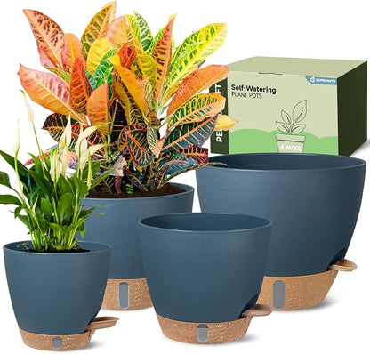 Self-Watering Pots for Indoor Plants 4 Pack, 6/8/10/12 Inch Outdoor Planters with Water Level Indicator&Deep Reservoir, Decorative Flower Pots for Indoor Plants,Home Decor (Blue, 12+10+8+6 inch)