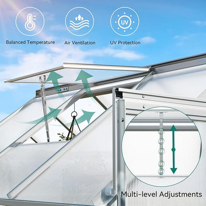YITAHOME 6x6FT Polycarbonate Greenhouse Heavy Duty Green Houses Outdoor Greenhouses Aluminum Sliding Doors Vent Window Large Sun House for Garden Backyard, Silver