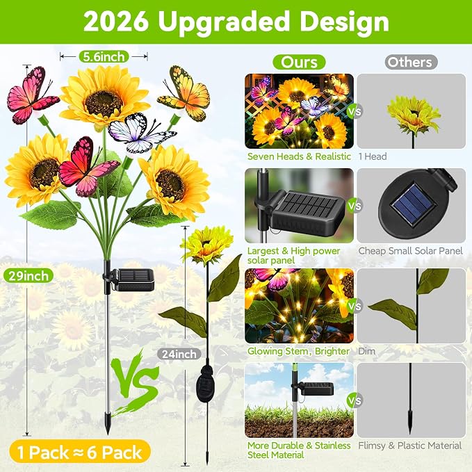 Solar Garden Lights Outdoor, 3 Pack Sunflower Solar Lights with Butterflies, Waterproof Solar Flower Lights For Yard Patio Garden Decor, Auto On/Off Solar Flowers Decorative, Gifts For Mom Women