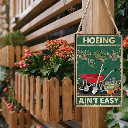 PEACHGARDEN Funny Garden Signs Hoeing Ain't Easy Gardening Gifts for Women Garden Decor for Outdoor Yard Art Patio Wall Decor 8x12 inch
