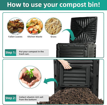 Compost Bin Outdoor, 80 Gallon Large Garden Composter, Black | Large 300L capacity with BPA-free construction, secure flip-latch lid, and easy assembly for garden, kitchen, and yard waste.
