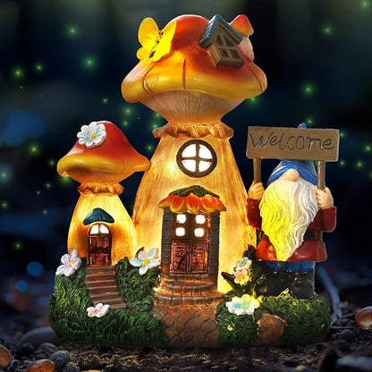 Json Solar Garden Statue Lights Mushroom Fairy House Figurine, Outdoor Memorial Garden Ornaments Waterproof Decoration for Fairy Garden,Outside Patio Yard Lawn Pathway Decor