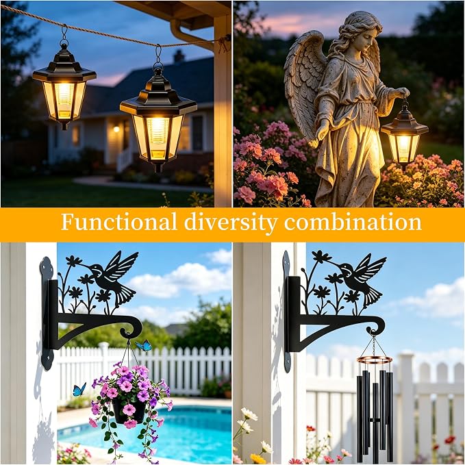 VOOKRY Solar Wall Lanterns Outdoor, Waterproof 2 Pack Hanging Lights with Hummingbird Hooks, Wall Mount Sconce with 3 Solar Panels for Patio Porch Yard Garden Decor, Dusk to Dawn 2700K Warm White