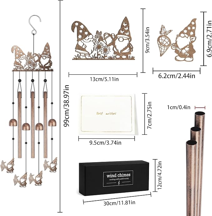 Gnome Wind Chimes for Outside, Garden Metal Windchimes with Cute Gnome Design for Patio Porch Yard Decor, Outdoor Gifts for Garden Lovers Women Men