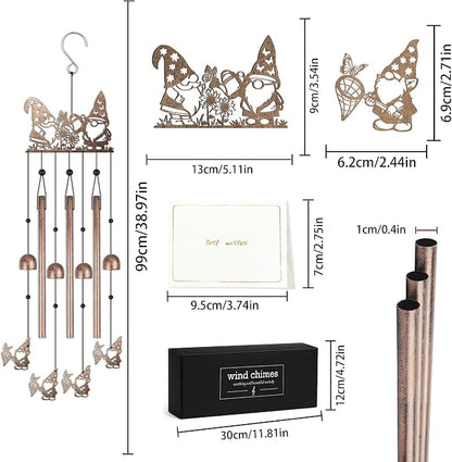 Gnome Wind Chimes for Outside, Garden Metal Windchimes with Cute Gnome Design for Patio Porch Yard Decor, Outdoor Gifts for Garden Lovers Women Men