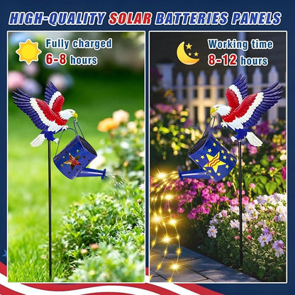 Solar Eagle Garden Lights Outdoor Decorations, Patriotic Watering Can Light with Cascading Fairy Lights, Solar Garden Decor for 4th of July, Memorial Day, Veterans Day, Yard, Patio, Lawn, Flower Bed