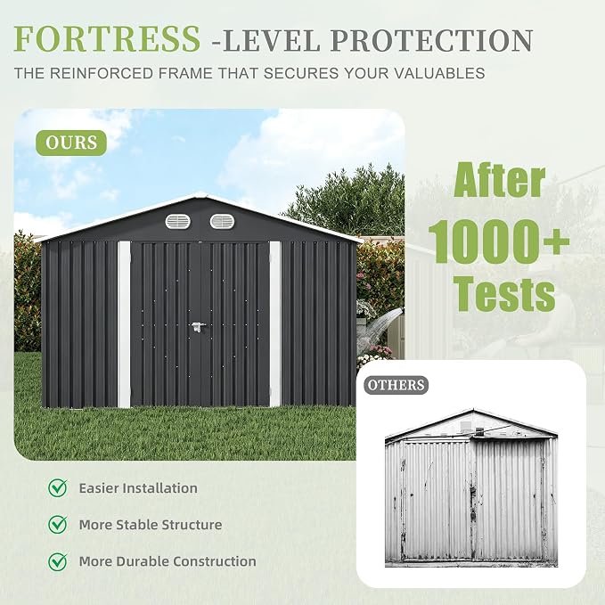 YOPTO 12X10 FT Metal Outdoor Storage Shed W/Flower Pot Stand,Dark Gray | 3 Lockable Doors,Air Vent,Sloped Roof,Reinforced Structure,Waterproof Outdoor Shed for Garden,Patio,Backyard,Lawn