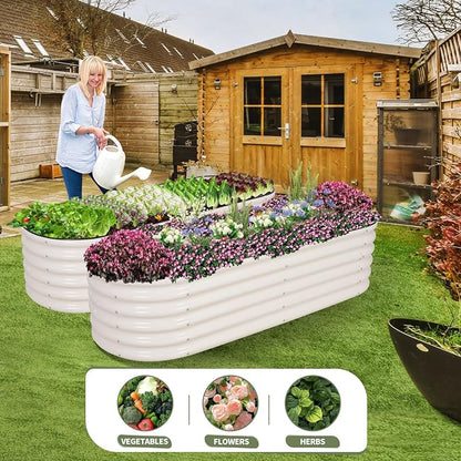 Galvanized Raised Garden Bed - 6x2x1.4FT Metal Planter Boxes Outdoor | Oval Steel Raised Bed Kit for Gardening with Protective Tape, Gloves for Vegetables, Flower, Herb (White)