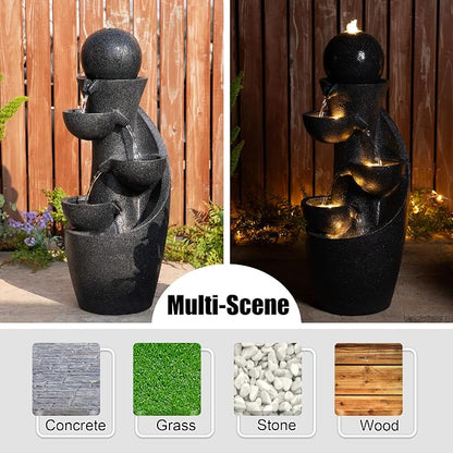 Glitzhome Outdoor Water Fountain with LED Light & Pump, Modern 5-Tier Bowl and Sphere Polyresin Outdoor Fountain, 33.5" Cascading Waterfall Fountain Water Feature for Porch Deck Patio Backyard Decor