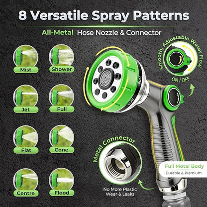 Garden Hose 50 Ft With 8-Pattern Spray Nozzle, 5/8" Lead-Free Water Hose | Flexible Hose, 3/4" Anodized Aircraft-Grade Aluminum Interface, Lightweight Kink-Resistant Water Pipe For Lawn, Yard, Outdoor