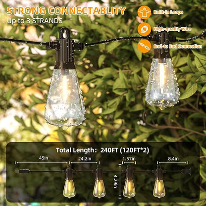 FOOMAN LED Outdoor String Lights, 240FT Outside Waterproof Patio Lights with 120+4 Shatterproof ST38 Edison Bulbs, 2700K Warm White Hanging Light, Dimmable Light for Backyard Garden Bistro Party Cafe
